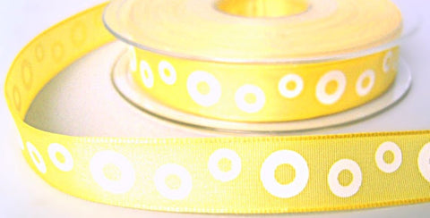 16mm Yellow & White Wire Edge Taffeta Circle Rings Print Ribbon