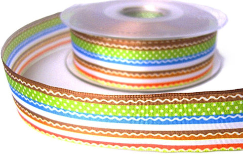 25mm Multi Colour Wire Edge Taffeta Ribbon | Stripes & Dots Print