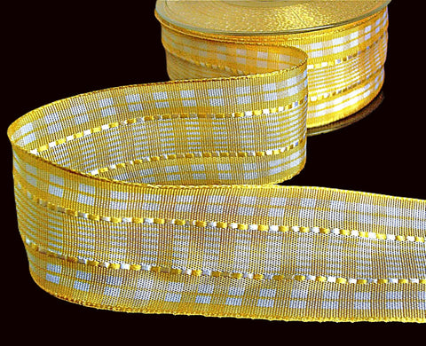 40mm Jasmine Yellow-White Banded Gingham Ribbon by Berisfords