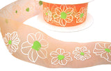 40mm Apricot, White & Green Flower Print Organza Sheer Ribbon