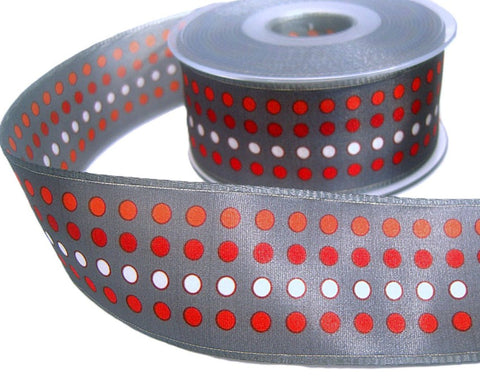 40mm Grey-Multi Wire Edge Spotty Print Polyester Taffeta Ribbon
