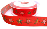 25mm Flame Red Taffeta Ribbon with a Gingham Star Print