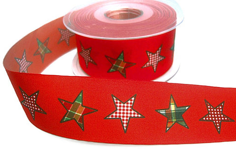 40mm Flame Red Taffeta Ribbon with a Gingham Star Print