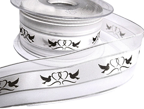 R8623L 36mm White Sheer-Satin-Metallic Silver Dove-Love Heart Ribbon
