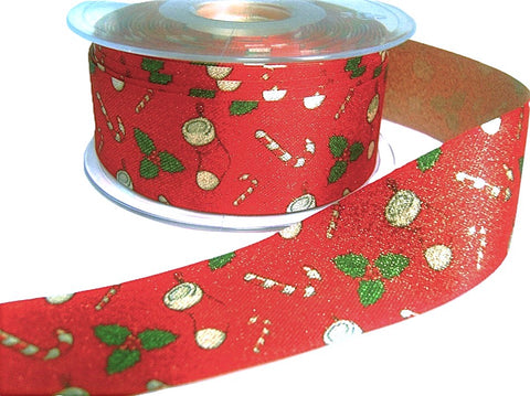 33mm Red Metallic Glitter Satin Ribbon-Christmas Print, Berisfords