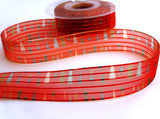25mm Festive Tree Print Red Satin & Organza Stripe Ribbon | Berisfords