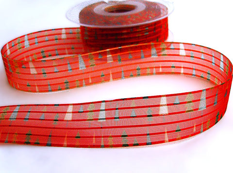 25mm Festive Tree Print Red Satin & Organza Stripe Ribbon | Berisfords