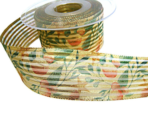 40mm Metallic & Sheer Stripe Festive Berries Print Ribbon | Berisfords