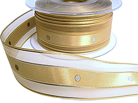 30mm Honey Gold Satin, Sheer Ribbon with Metallic Stripes & Spots