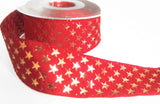 R8709 35mm Red Woven Ribbon with Metallic Gold Star Design, Berisfords