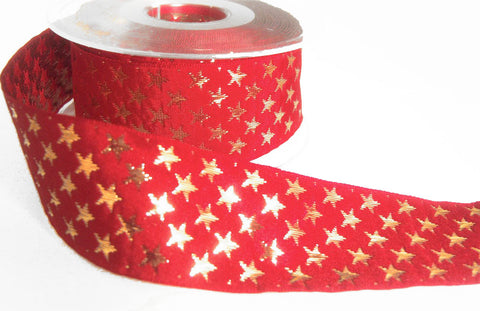 R8709 35mm Red Woven Ribbon with Metallic Gold Star Design, Berisfords