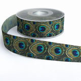 25mm polyester grosgrain ribbon with a peacock feather print