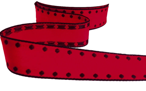 R9679 25mm Red Polyester Ribbon-Black Woven Borders-Spots, Berisfords
