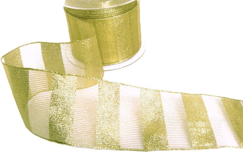 R9829 60mm Gold Banded Glitter Bar Metallic Sheer Ribbon, Berisfords