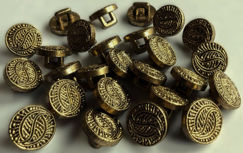100 Metallic Effect Shank Buttons. 11mm Antique Brass-Textured Design