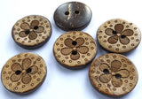 B6703 18mm Antique Pine-Brown Wooden Flower Design 2 Hole Button