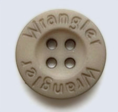 18mm Dusky Grey Beige Matte 4 Hole Button, Lettered Rim "Wrangler"