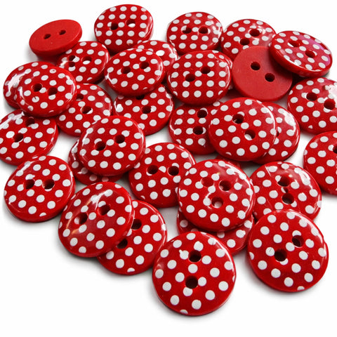 12mm Red polyester two hole buttons with white polka dots 