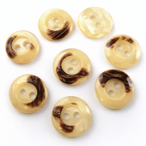 12mm cream and brown pearlised polyester two-hole button with matte centre and wood effect