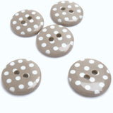 15mm beige grey gloss polyester two hole button with white polka dots