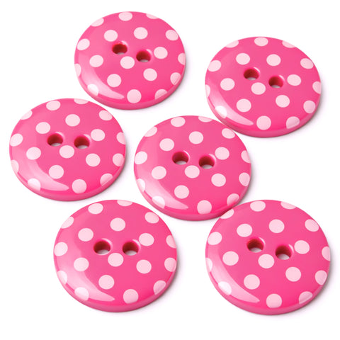 15mm hot pink polyester two hole buttons with white polka dots 