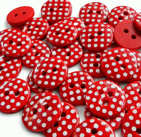 15mm Red polyester two hole buttons with white polka dots 