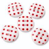 15mm white polyester two hole buttons with red polka dots 
