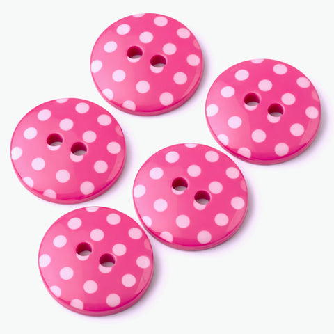 18mm hot pink gloss polyester two hole button with white polka dots