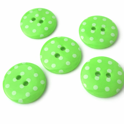 18mm lime green gloss polyester two hole button with white polka dots