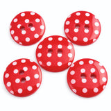 Red 18mm polyester two hole buttons with white polka dots 