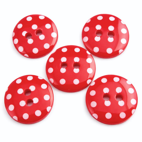Red 18mm polyester two hole buttons with white polka dots 