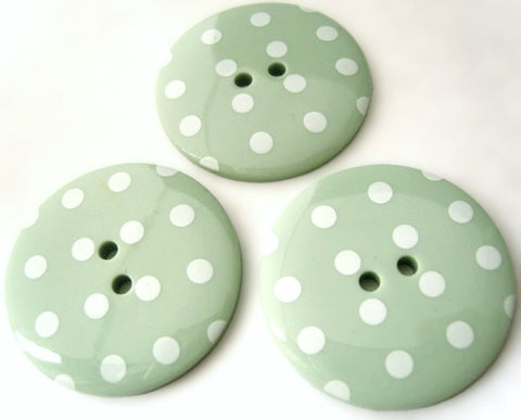 34mm grey green gloss polyester two hole button with white polka dot spots