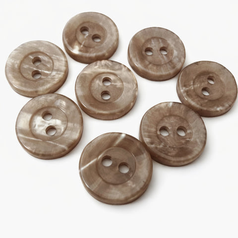 14mm beige grey iridescent 2 hole polyester button with pearlised finish.