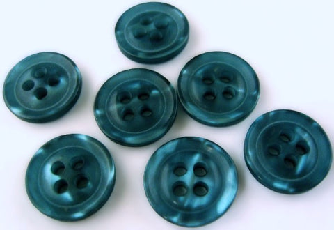 14mm Malibu‑blue shimmery polyester 4 hole button with a bevelled edge.