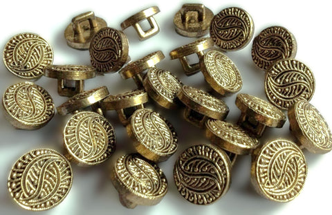 100 buttons clearance. 11mm metallic effect shank. Antique brass with a textured pattern
