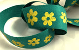 R7208 30mm Green-Yellow Daisy Printed Cotton Ribbon Tape, Berisfords