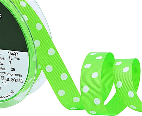 16mm Fluorescent Green Polka Dot Grosgrain Ribbon | Berisfords