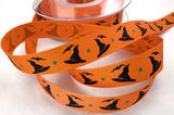 R6983 15mm Orange-Black Printed Witches Hat Design Halloween Ribbon