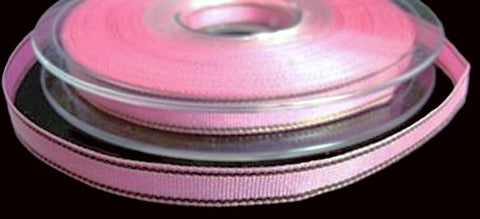 8mm Pink Polyester Ribbon with Thin Metallic Gold Stripes