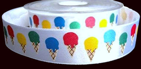 25mm White Satin Ribbon with a Ice Cream Printed Design