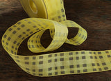 R2491C 40mm Lemon Sheer & Grosgrain Check Ribbon, Wire Edged