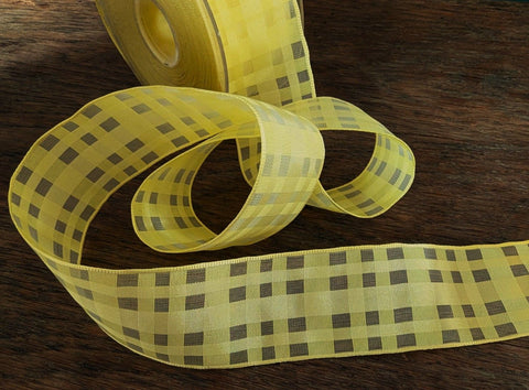R2491 40mm Lemon Fine Grosgrain & Sheer Check Ribbon, Wire Edge