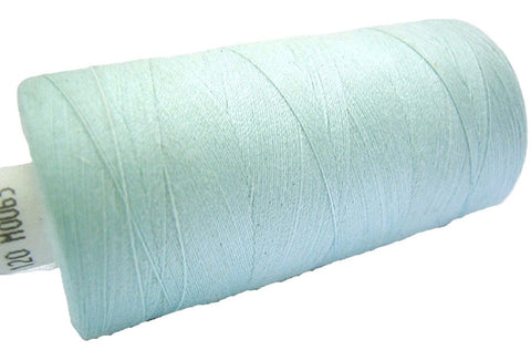 Ice Aqua 65 Coats Moon Spun Polyester Sewing Thread on 1000 yard spool in a pale  aqua blue shade for machine and hand sewing projects.