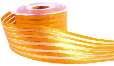 R0033 40mm Marigold Satin, Sheer and Thin Gold Lurex Striped Ribbon