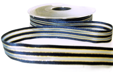 R0047 15mm Navy Satin-Sheer-Gold Metallic Stripe Ribbon by Berisfords