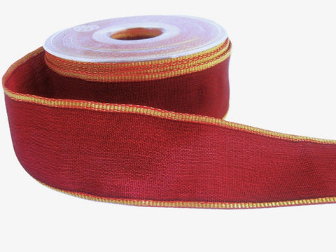 40mm Scarlet Berry Thick Polyester Ribbon, Metallic Gold Edges