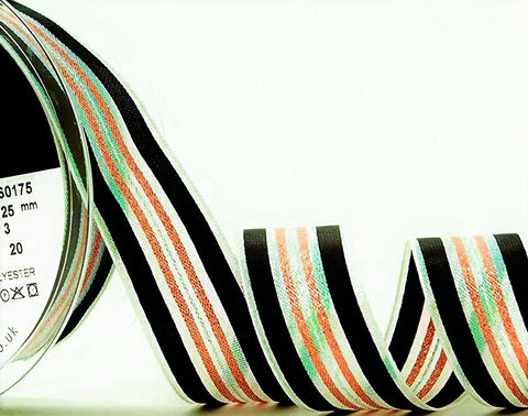 R0320 25mm Iridescent-Black-White-Pink Metallic Winter Stripe Ribbon