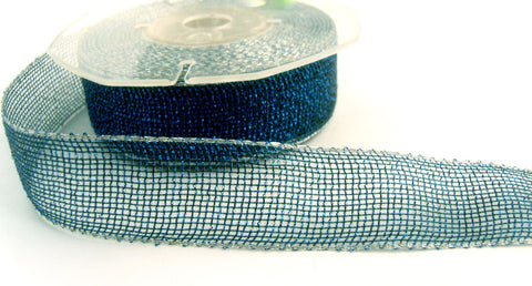 R0421 25mm Metallic Royal Blue Mesh Ribbon with Silver Borders