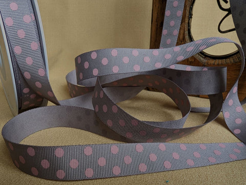 R0432 16mm Grey-Pink Polka Spot Grosgrain Ribbon by Berisfords