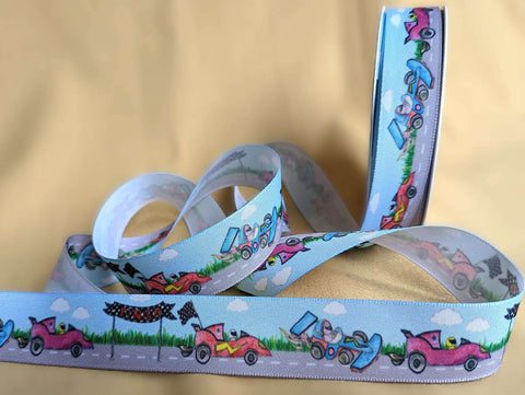 R0471 25mm Blue Motor Racing Cars Print Rustic Taffeta Ribbon, Berisfords